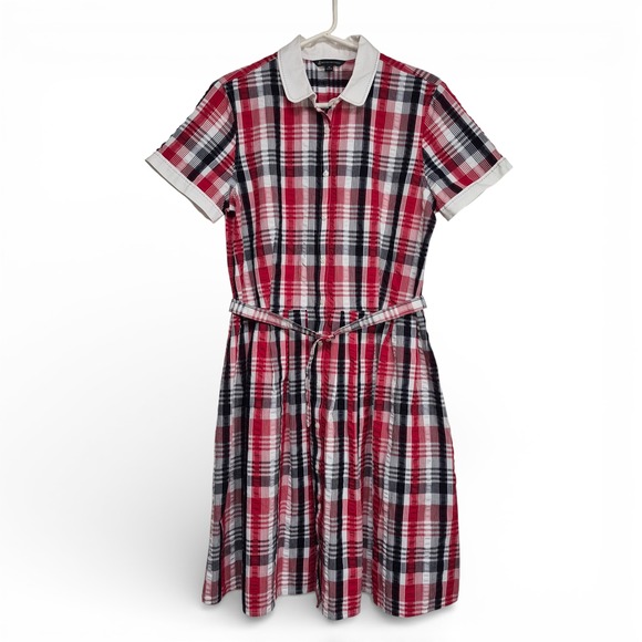 Brooks Brothers Dresses & Skirts - Brooks Brothers Womens Sz 12 Red Plaid Shirt Dress White Contrast Collar Belted